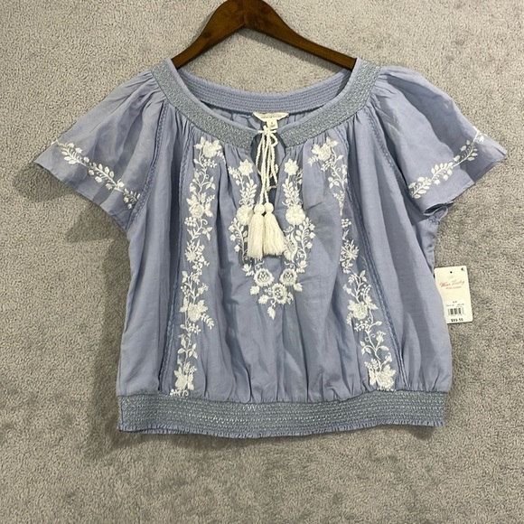 NEW Lucky Brand Womens S Embroidered Flutter-Sl Brunnera Blue Key hole Blouse - Picture 4 of 9